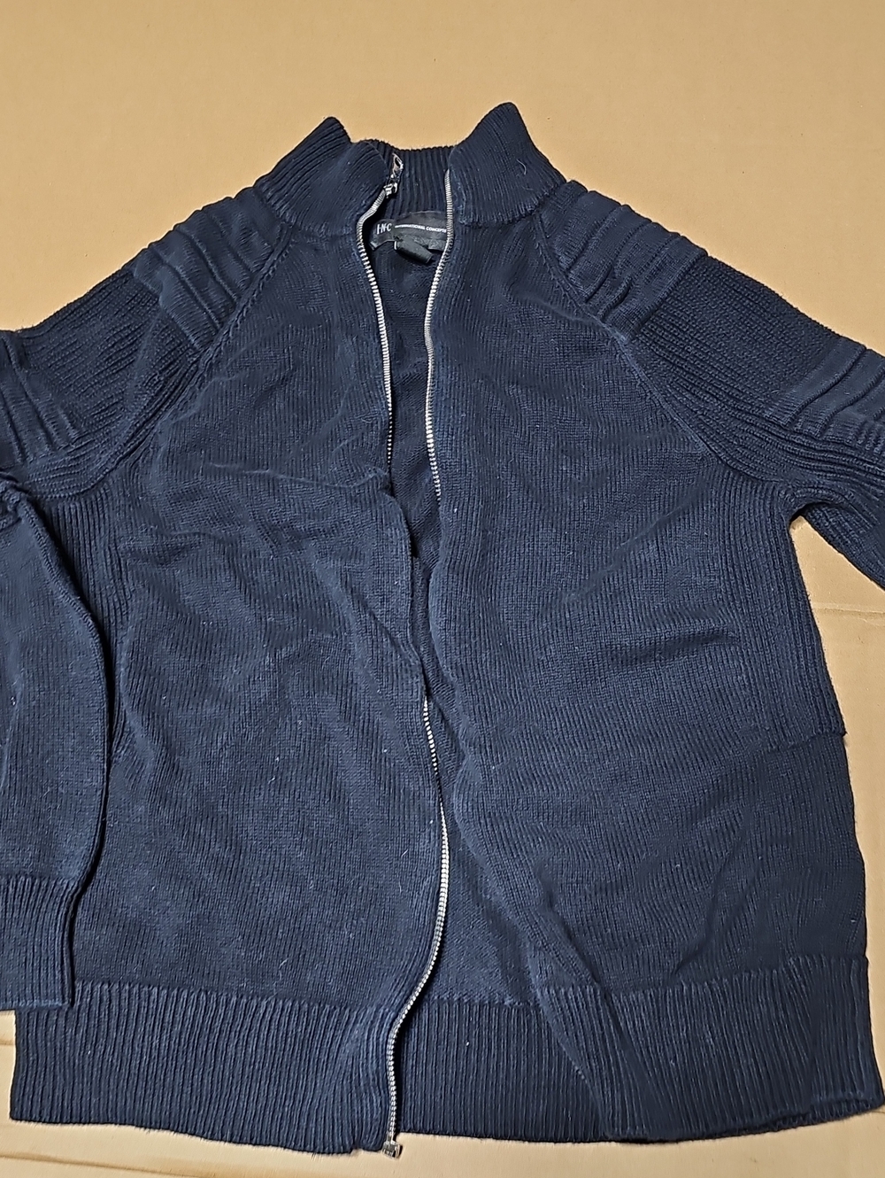 INC International Concepts Navy Full-Zip Ribbed Knit Sweater Size S